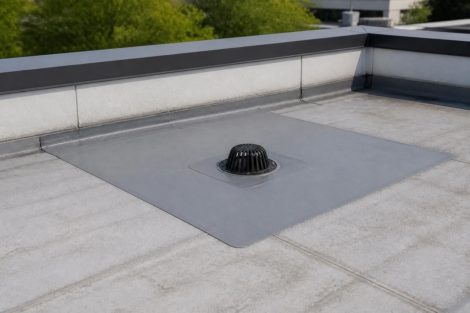 Repaired section of a commercial roof with clean lines.