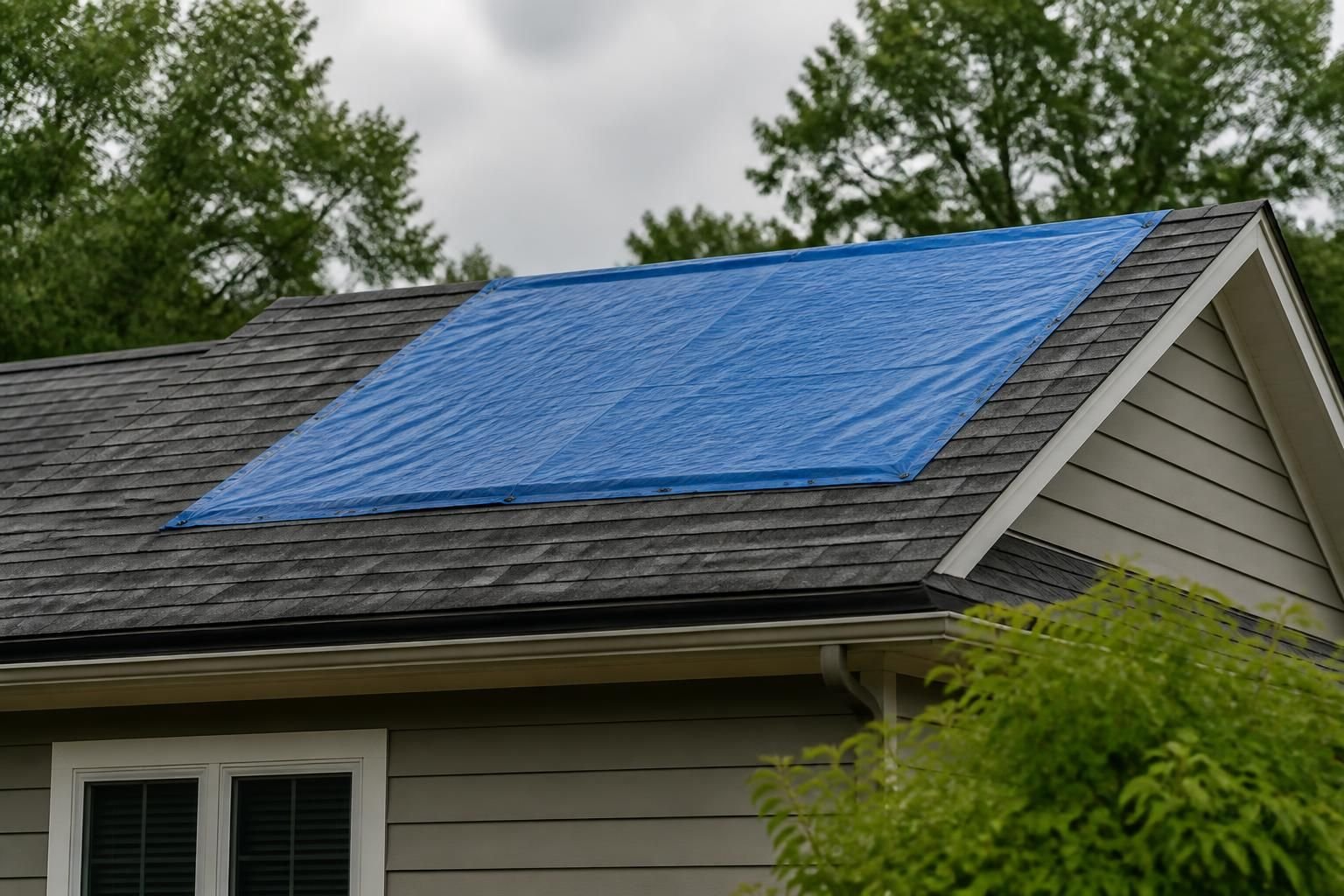 Secured roof repair area on a home after emergency service.