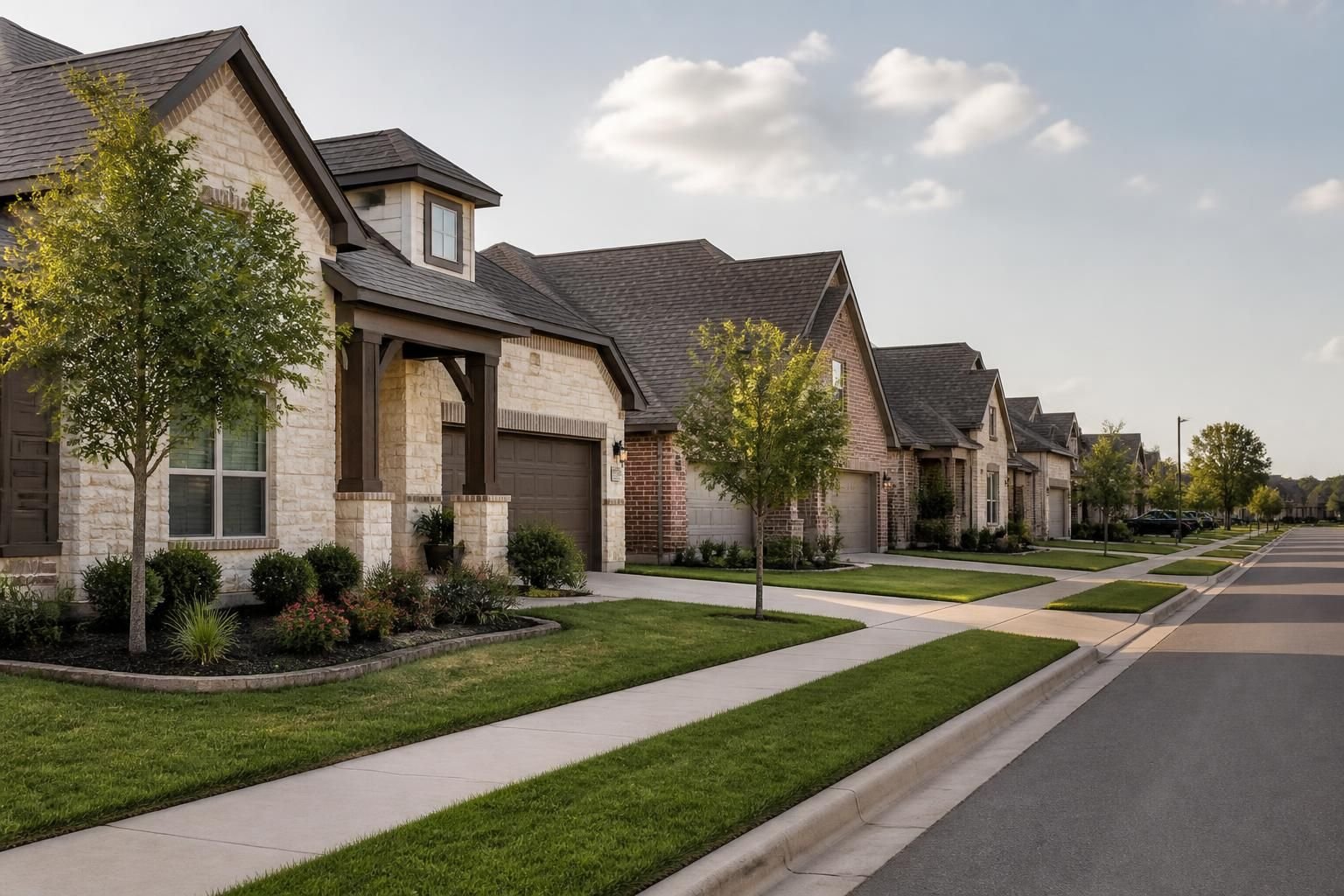 Welcoming suburban neighborhood with clean rooflines in Hutto.