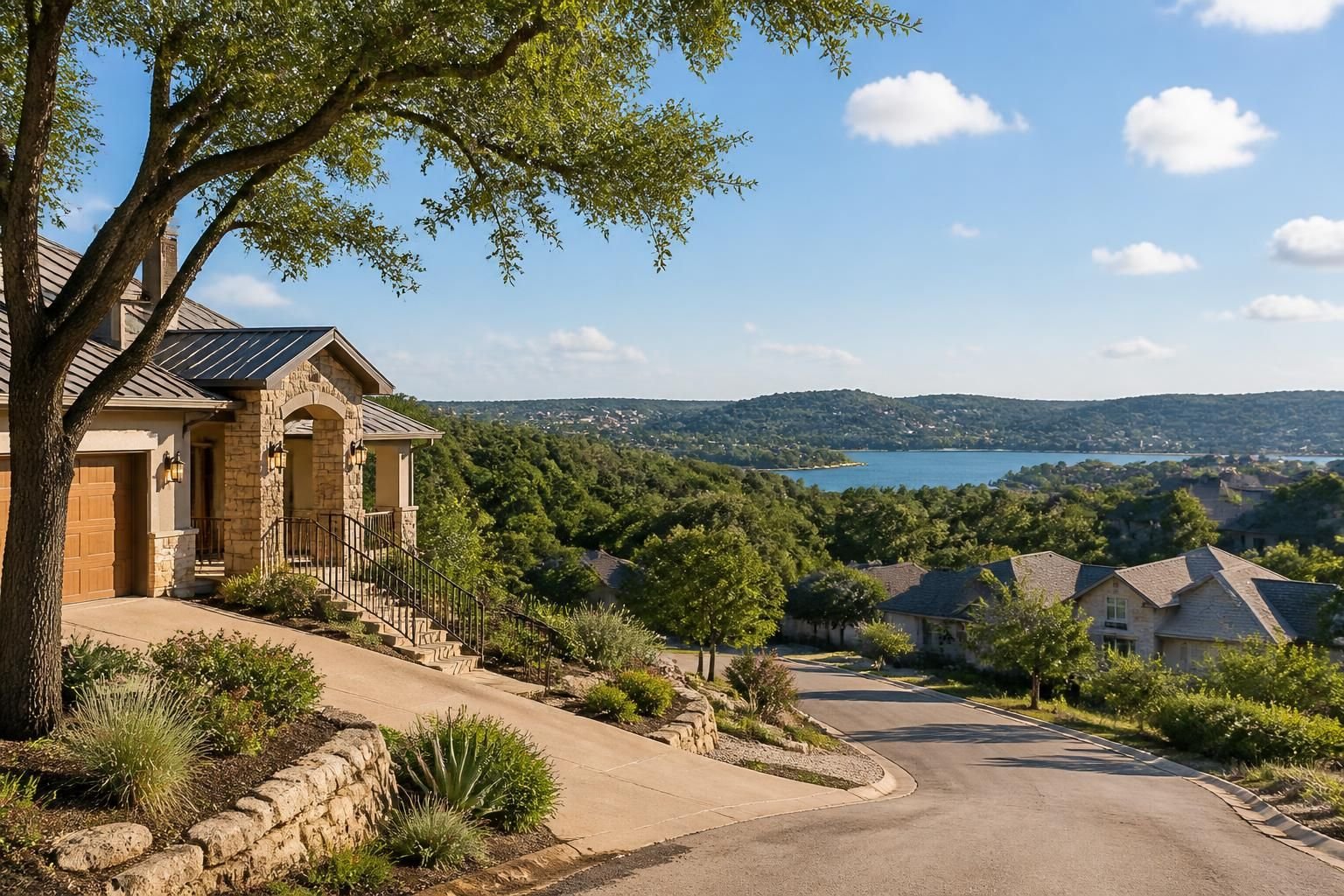 Hillside homes with visible rooftops in Lago Vista.