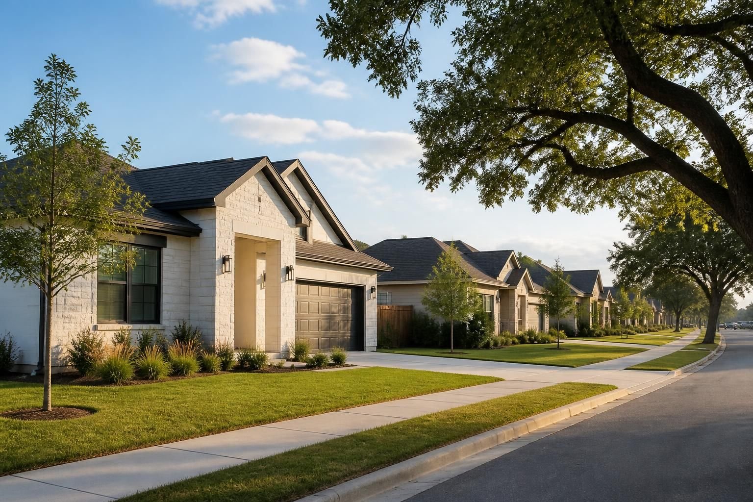 Neighborhood with modern homes and clean rooftops in Manor.
