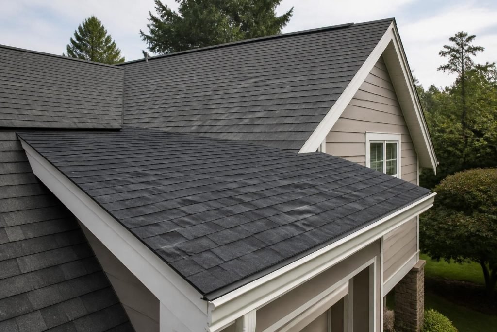 Modern home roof with a freshly repaired section in natural daylight.