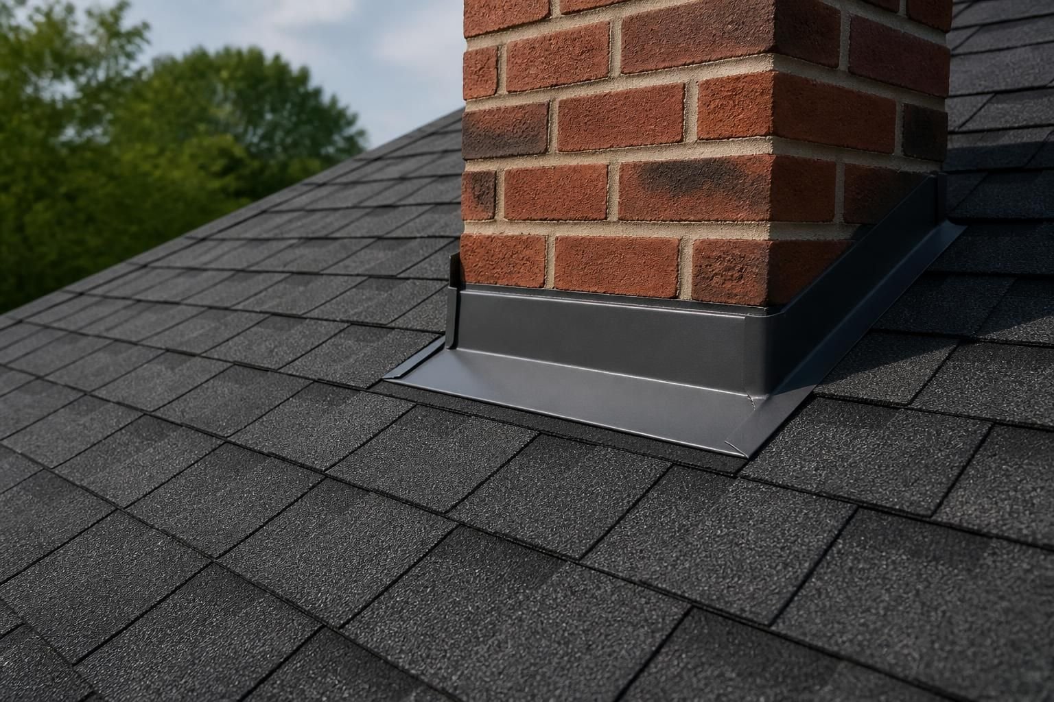 Recently repaired roof section with neat shingles and flashing.