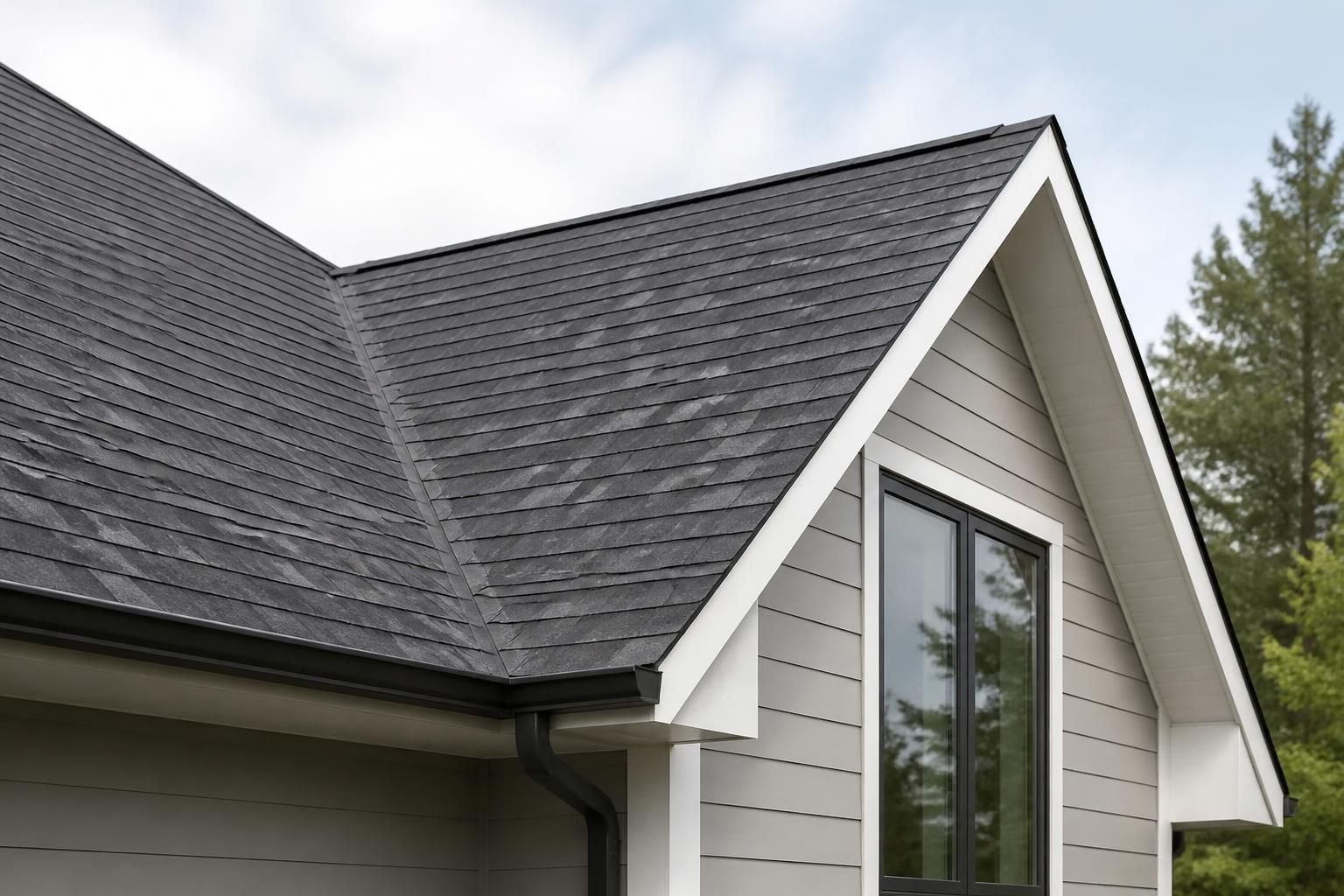Freshly replaced roof on a modern home exterior.