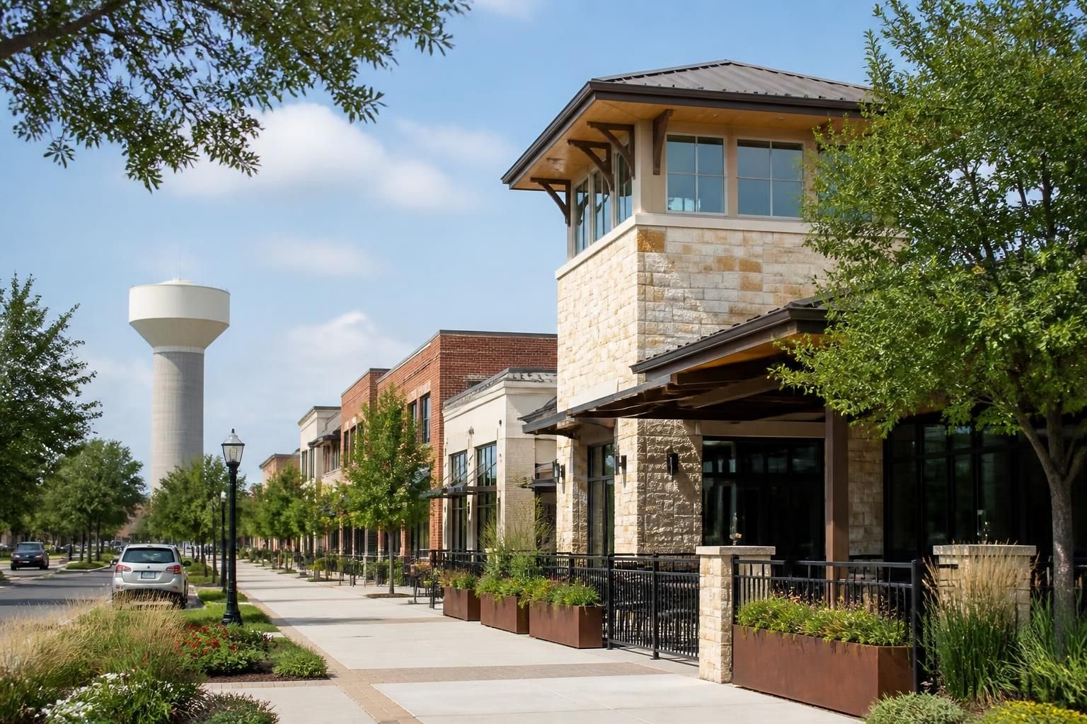Suburban district with clean buildings and rooflines in Round Rock.